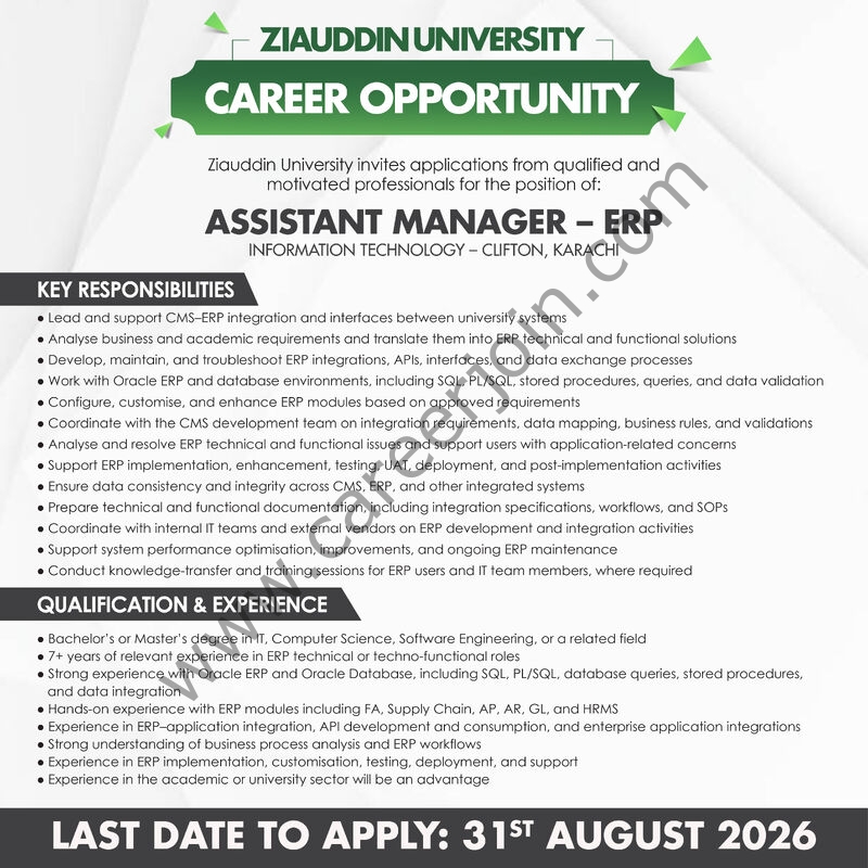 Ziauddin University Jobs Assistant Manager ERP 1