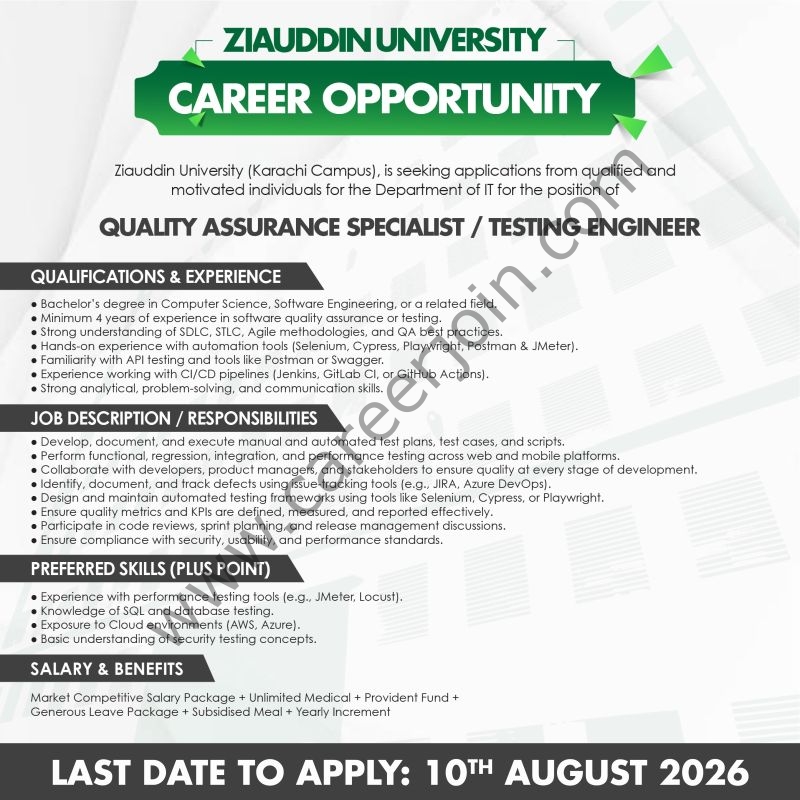 Ziauddin University Jobs Quality Assurance Specialist / Testing Engineer 1