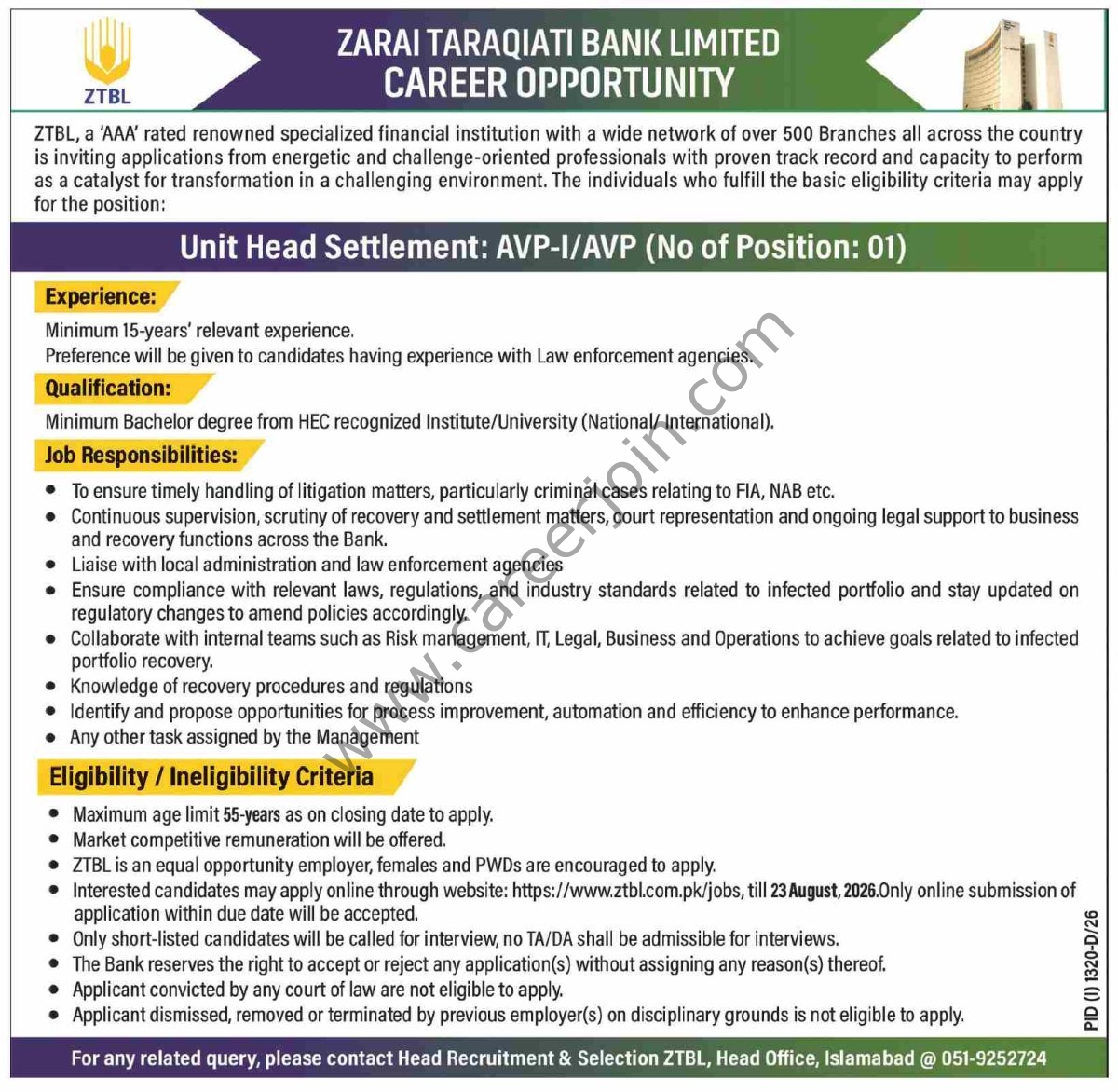 Zarai Taraqiati Bank Ltd ZTBL Jobs 09 August 2026 Dawn 1