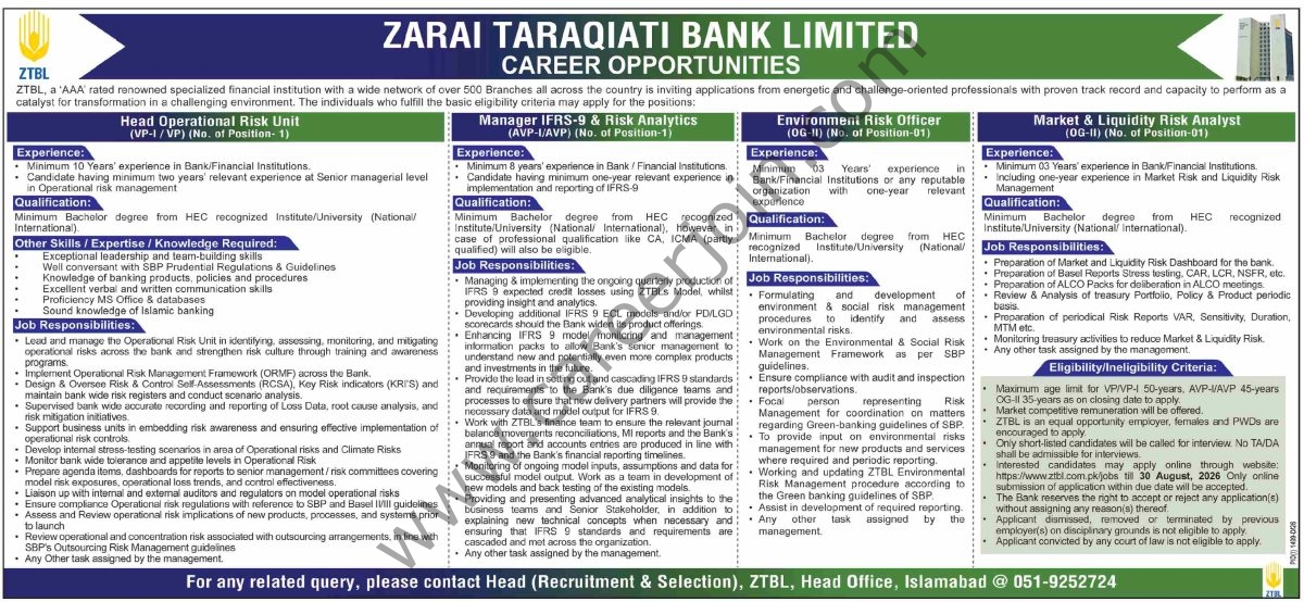 Zarai Taraqiati Bank Ltd ZTBL Jobs 16 August 2026 Dawn 1