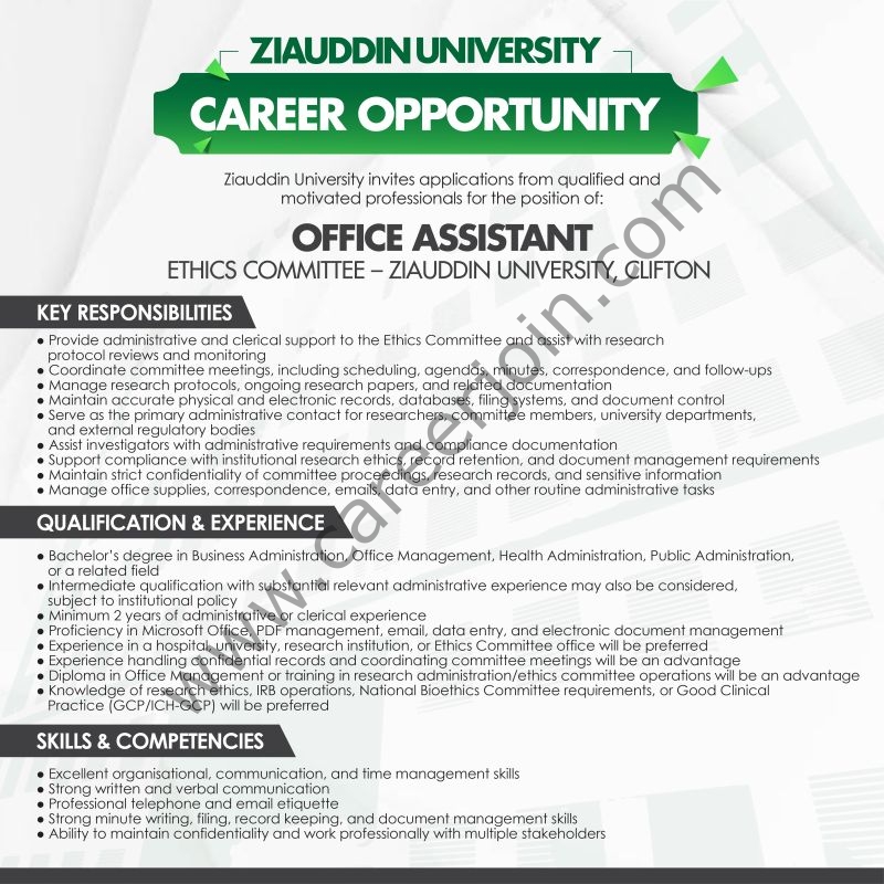 Ziauddin University Jobs Office Assistant 1
