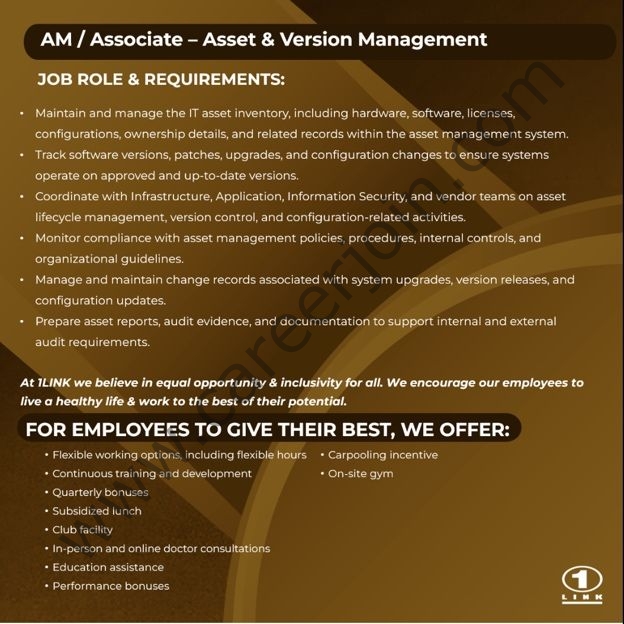 1Link Pvt Limited Jobs AM / Associate Asset & Version Management 2