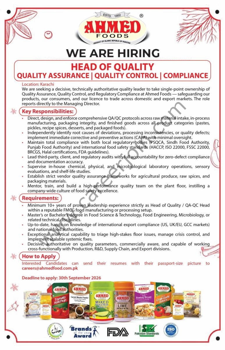 Ahmed Foods Jobs Head of Quality 1