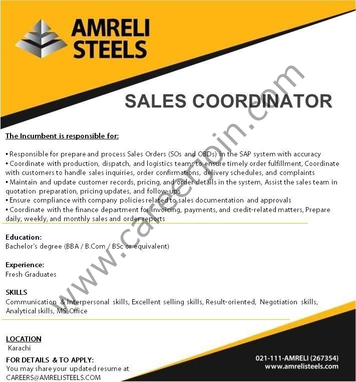 Amreli Steels Jobs Sales Coordinator 1