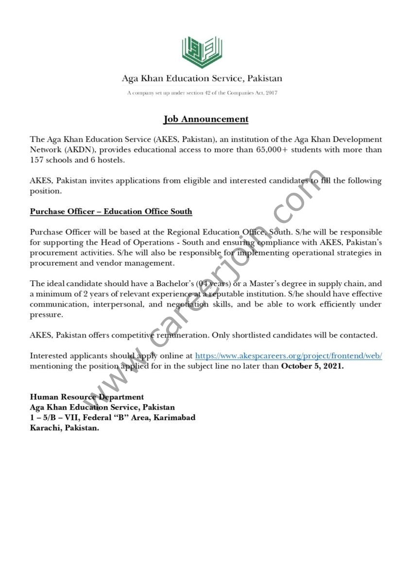 The Aga Khan Education Service (AKES Pakistan) Jobs Purchase Officer  1