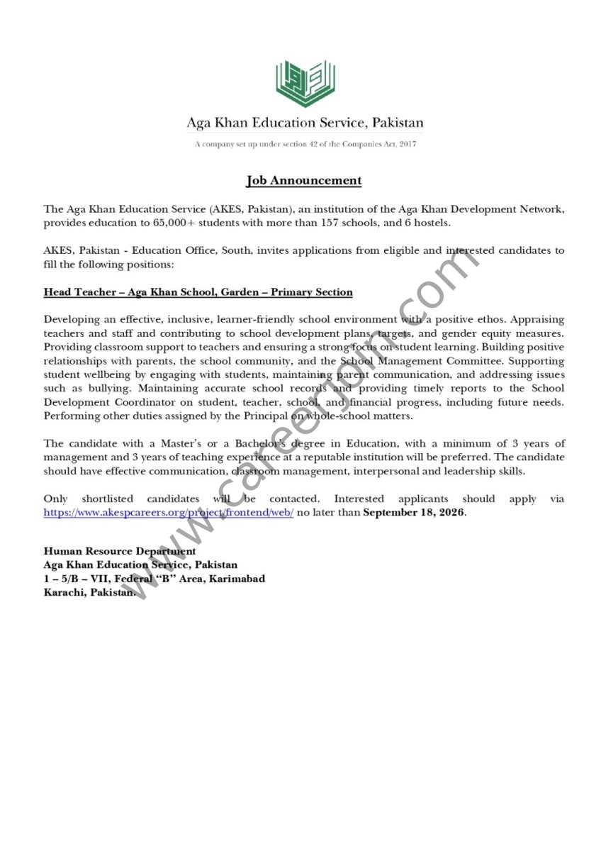 The Aga Khan Education Service (AKES Pakistan) Jobs Head Teacher 1