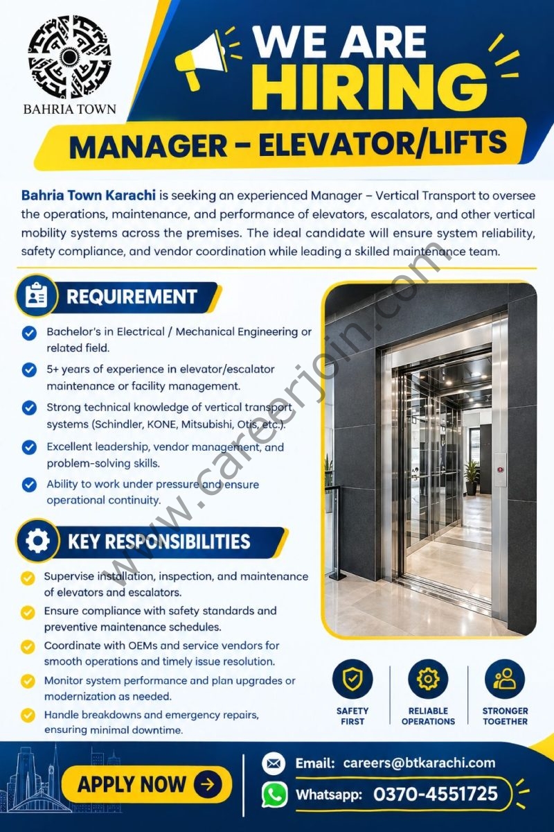 Bahria Town Karachi Jobs Manager Elevator / Lifts 1