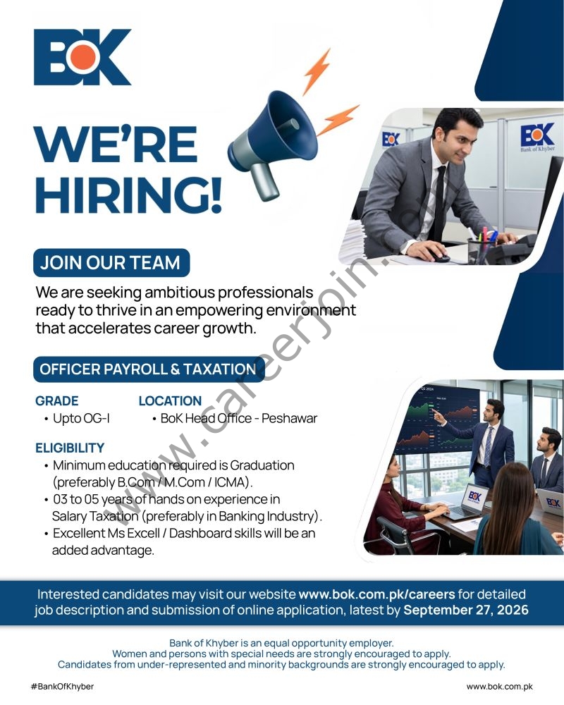 w Bank of Khyber (BOK) Jobs Officer Payroll & Taxation 1