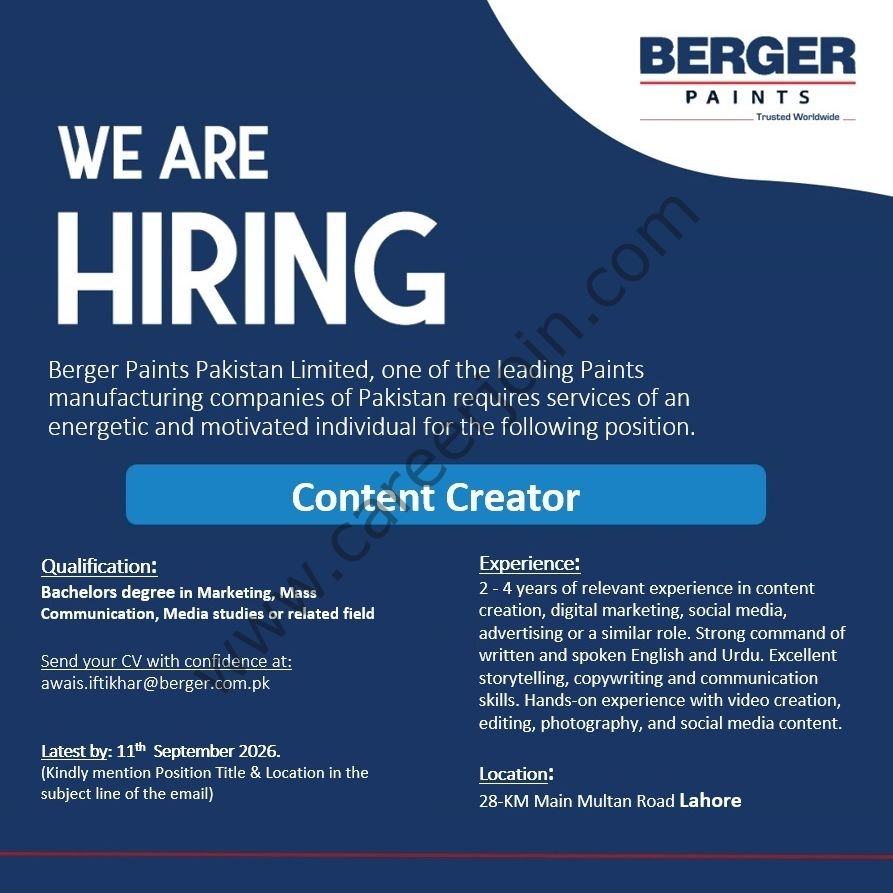 Berger Paints Pakistan Jobs Content Creator 1
