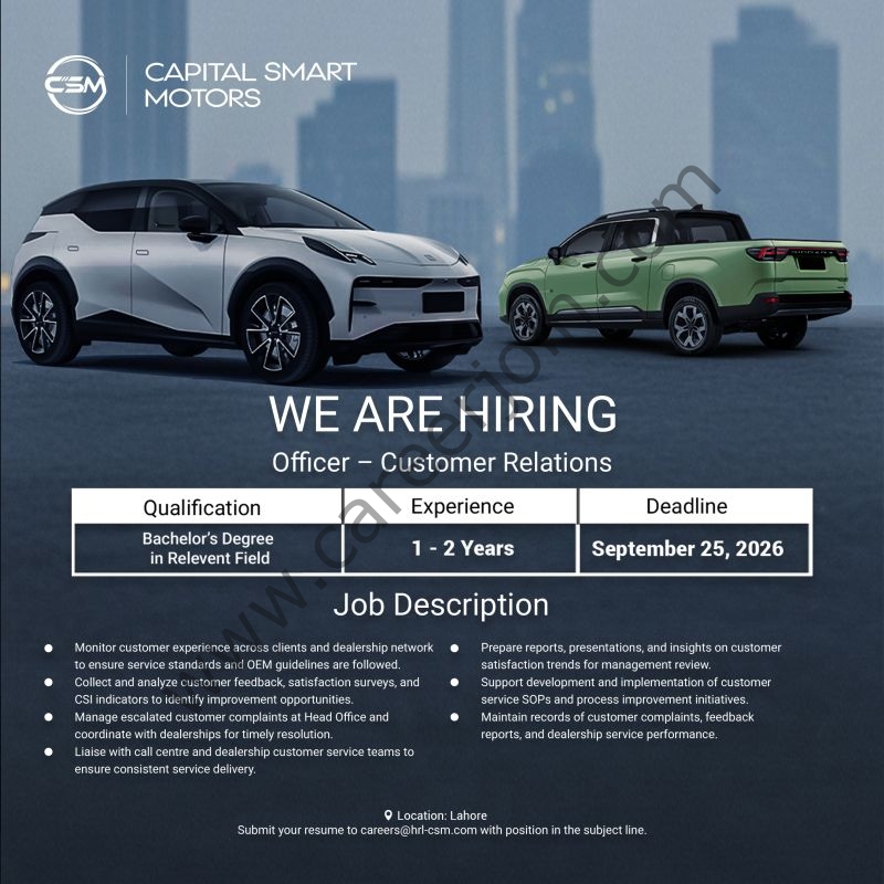 Capital Smart Motors Jobs Officer Customer Relations 1