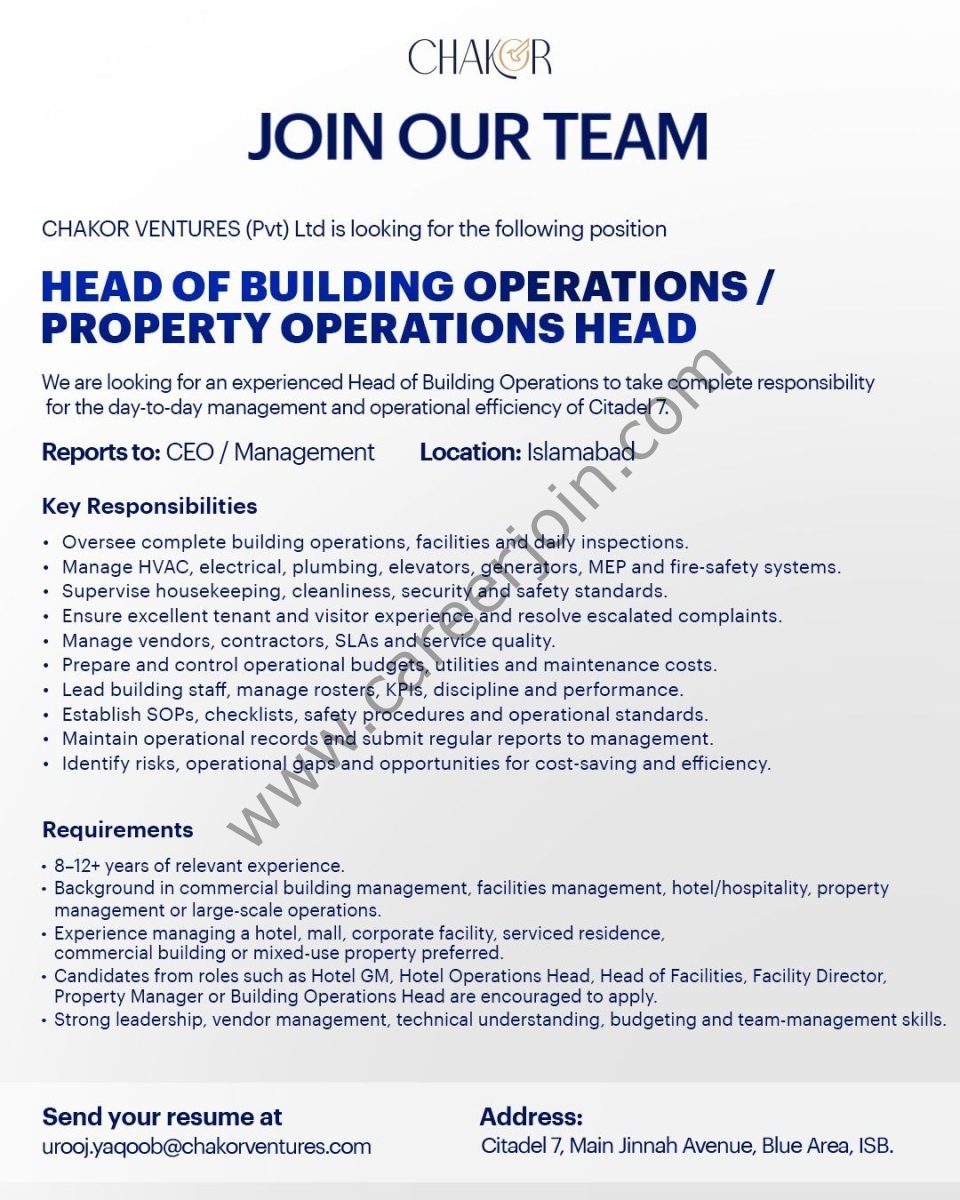 Chakor Ventures Pvt Ltd Jobs Head of Building Operations / Property Operations Head  1