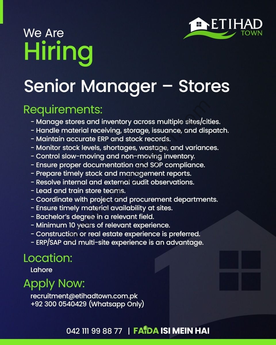 Etihad Town Jobs Senior Manager Stores 1