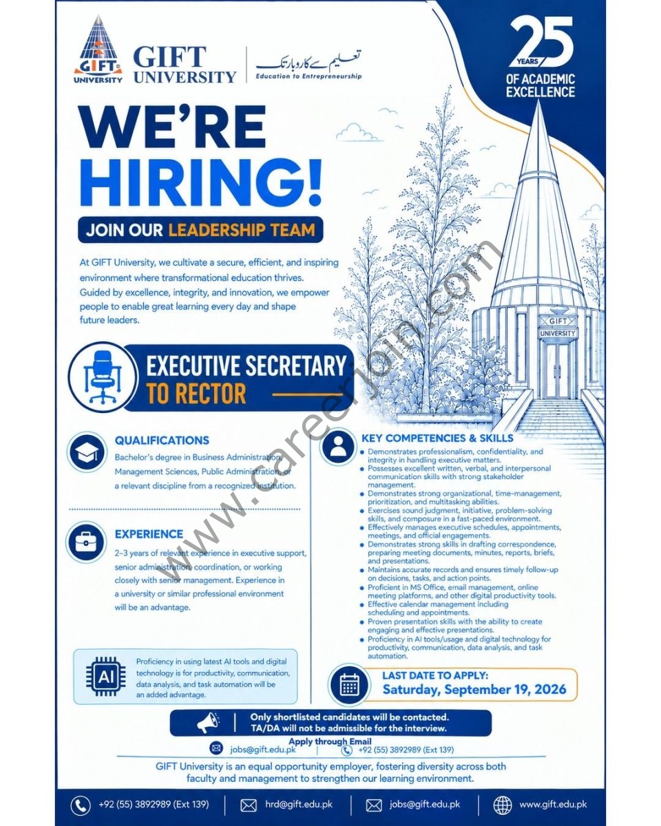 GIFT University Jobs Executive Secretary to Rector 1