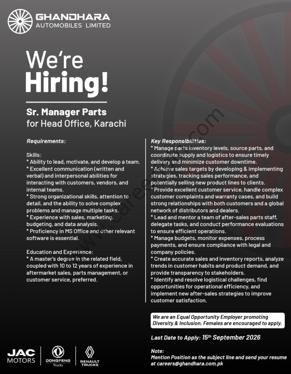 Ghandhara Automobiles Limited Jobs Senior Manager Parts 1