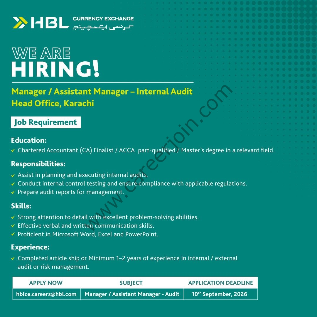 HBL Currency Exchange Jobs Manager / Assistant Manager Internal Audit 1