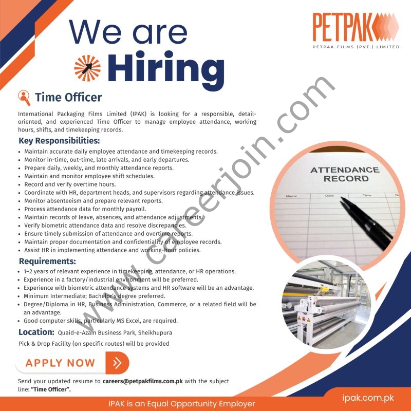 International Packaging Films Limited (IPAK) Jobs Time Officer 1