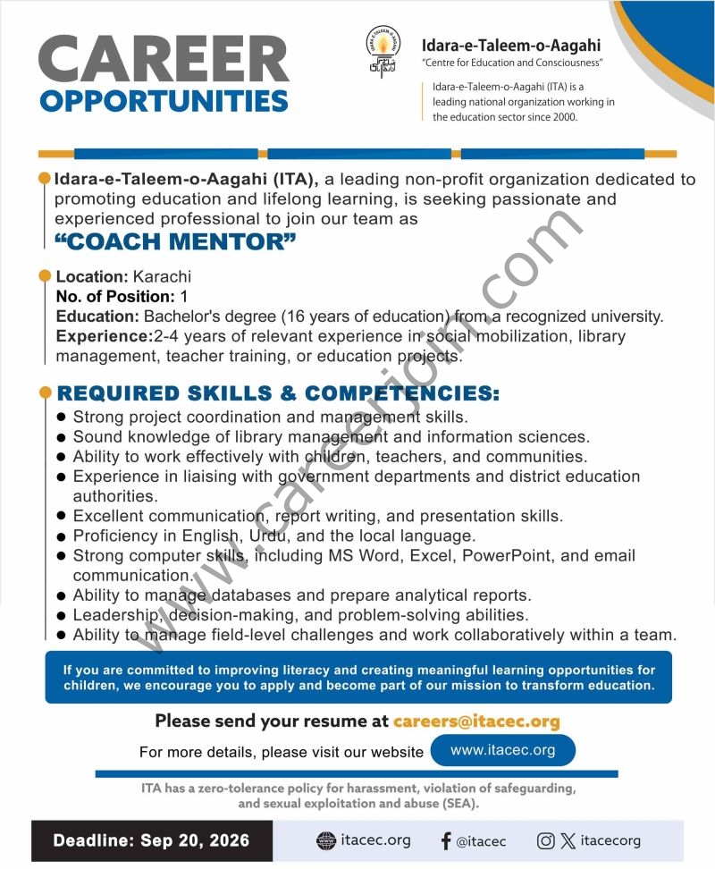 Idara-e-Taleem-o-Aagahi (ITA) Jobs Coach Mentor 1