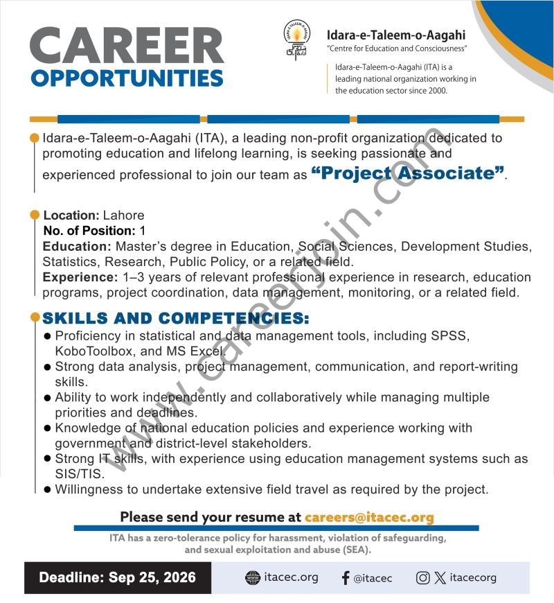 Idara-e-Taleem-o-Aagahi (ITA) Jobs Project Associate 1
