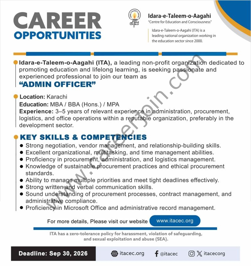 Idara-e-Taleem-o-Aagahi (ITA) Jobs Admin Officer 1