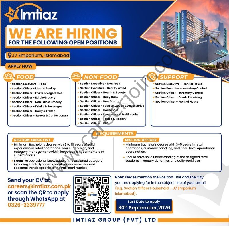 Imtiaz Group Pvt Jobs 17 September 2026 1