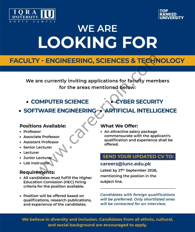 Iqra University IU Jobs September 2026 1