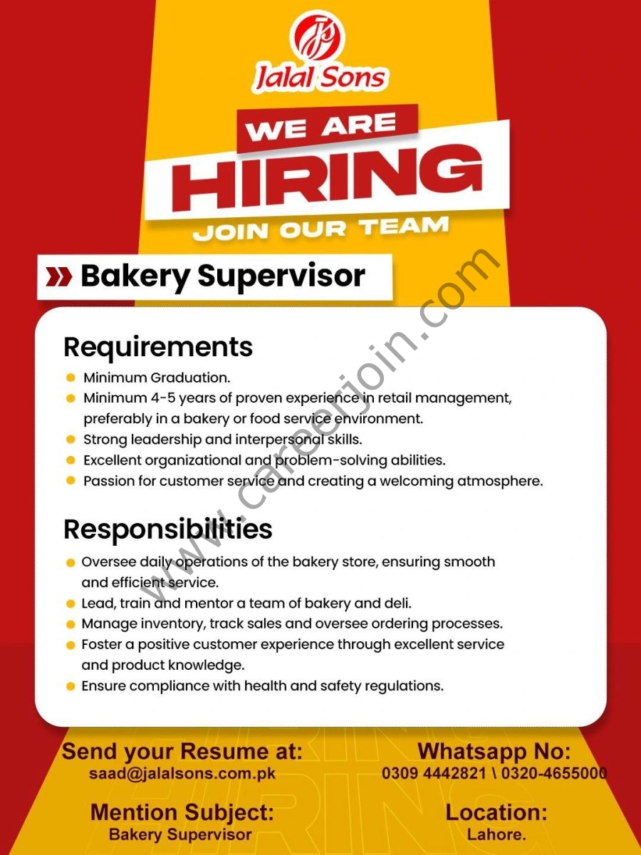 Jalal Sons Jobs Bakery Supervisor 1