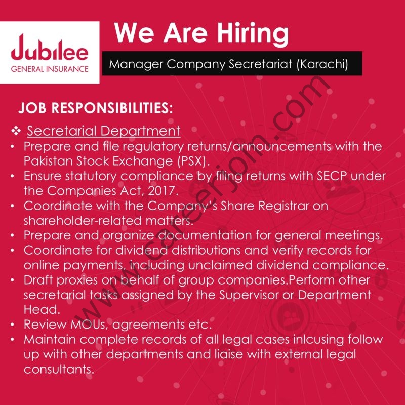 Jubilee General Insurance Company Jobs Manager Company Secretariat 1