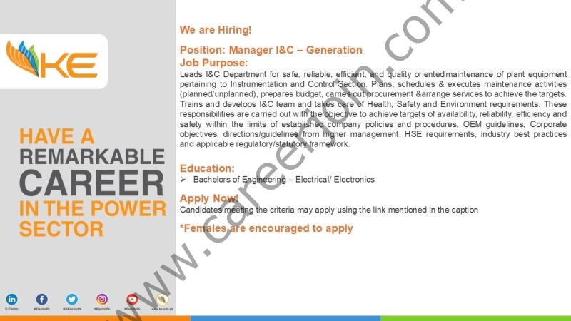 K-Electric Pvt Ltd Jobs Manager I&C 1