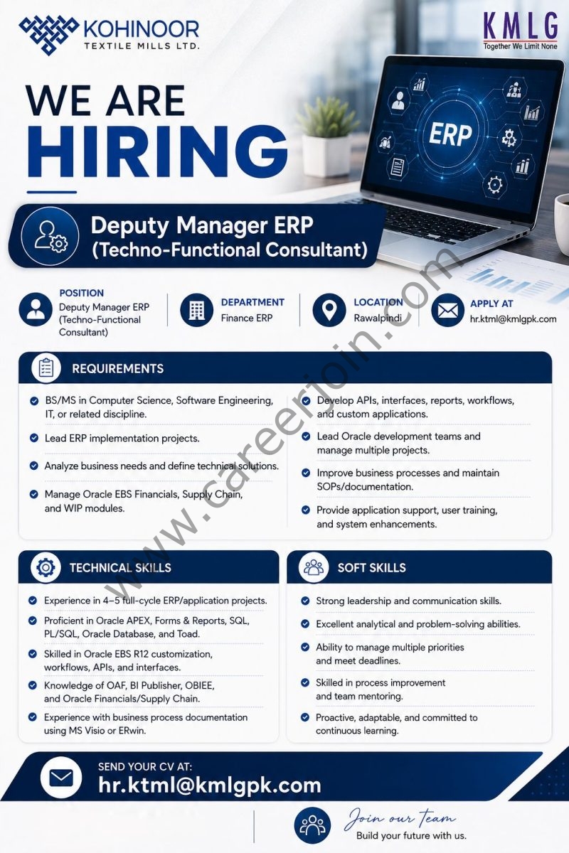 Kohinoor Textile Mills Limited Jobs Deputy Manager ERP 1