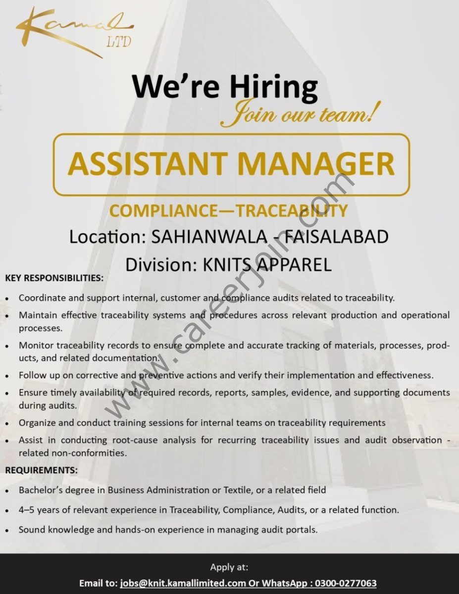 Kamal Limited Jobs Assistant Manager Compliance Traceability 1