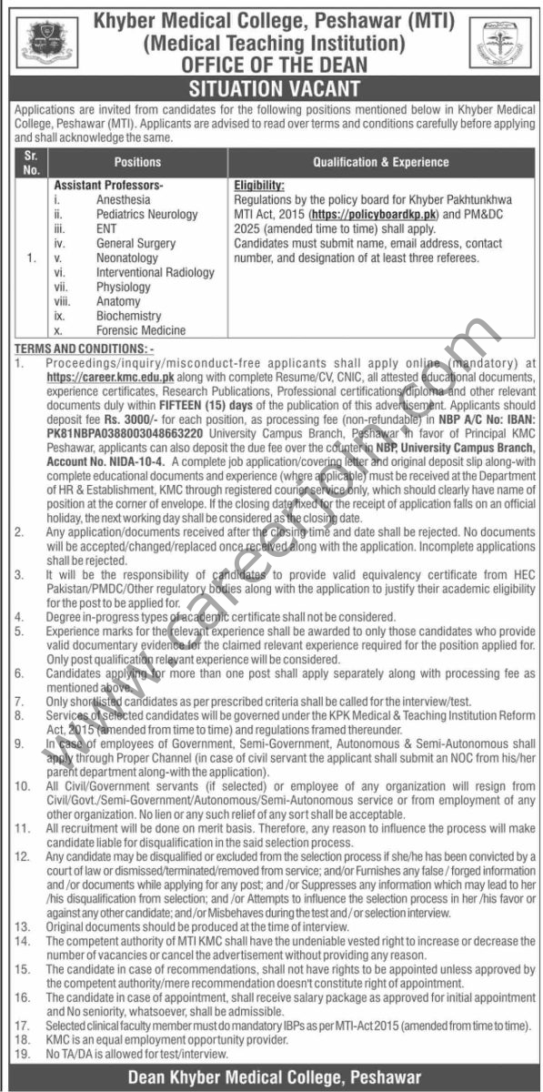 Khyber Medical College Peshawar MTI Jobs 19 September 2026 Dawn 1