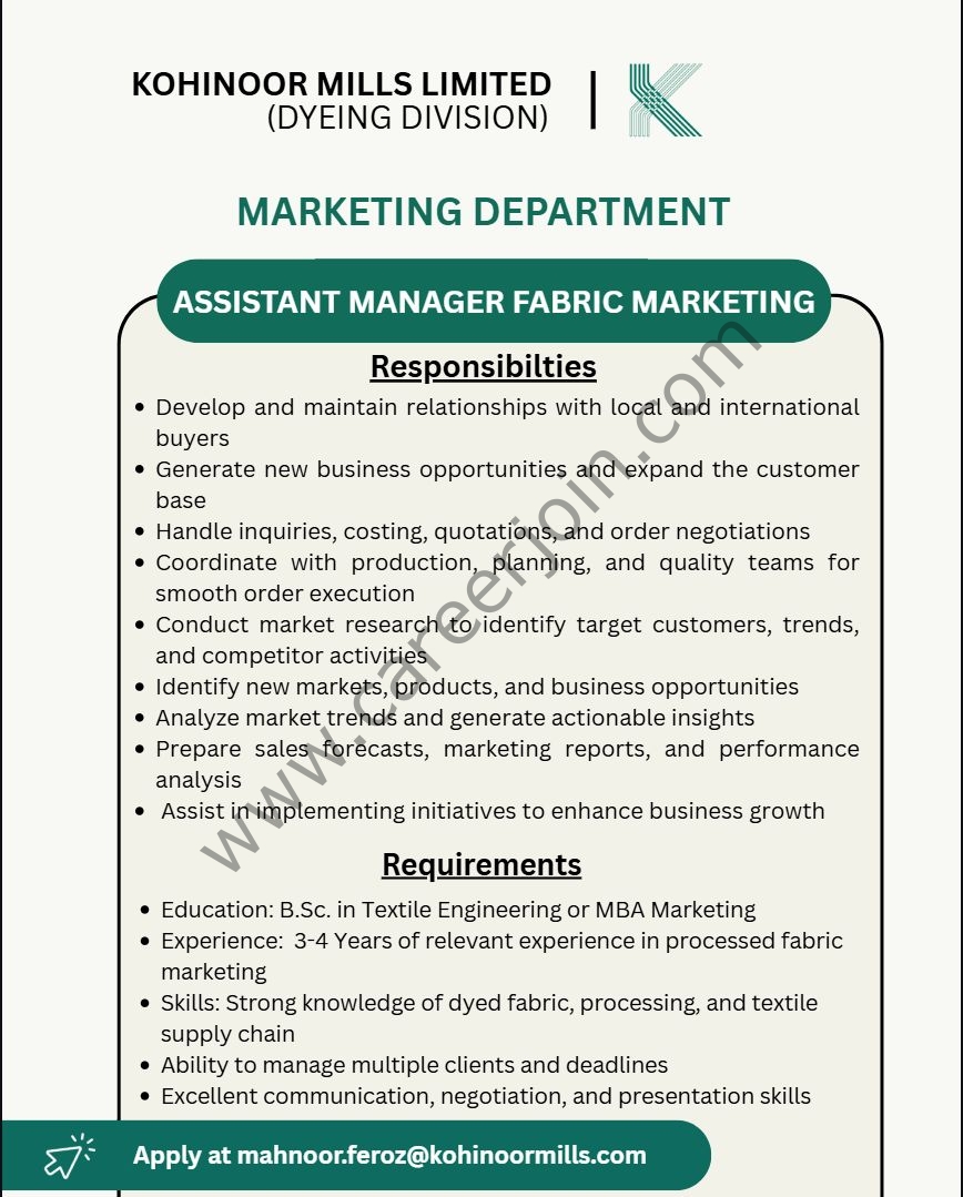Kohinoor Mills Limited Jobs September 2026 3