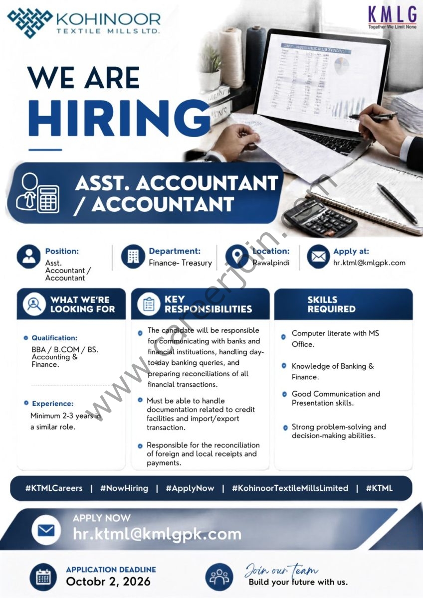 Kohinoor Textile Mills Limited Jobs Assistant Accountant / Accountant 1