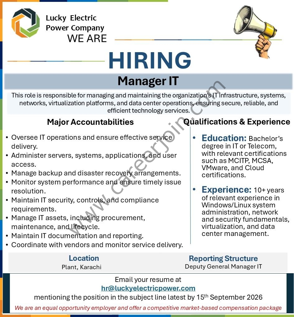 Lucky Electric Power Company Limited (LEPCL) Jobs Manager IT 1