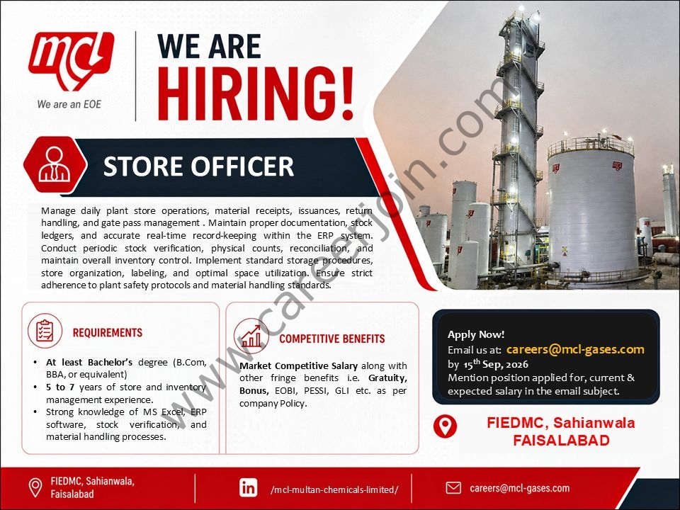 Multan Chemicals Limited (MCL) Jobs Store Officer 1