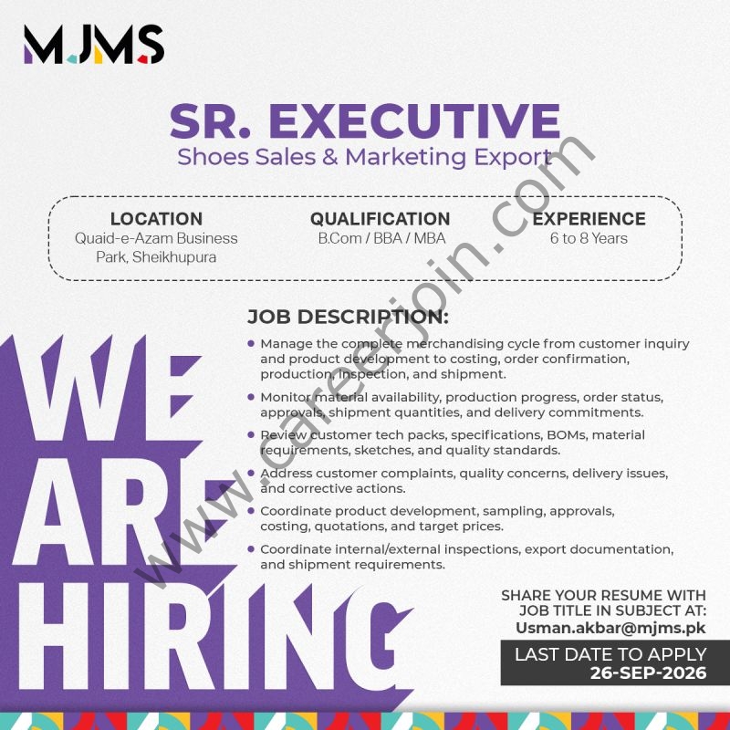MJMS Pvt Ltd Jobs Sr Executive Shoes Sales & Marketing Export 1