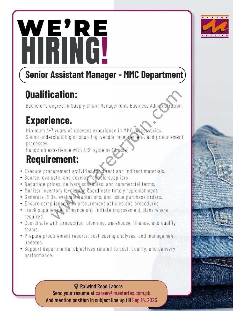 Master Textile Mills Jobs Senior Assistant Manager MMC 1