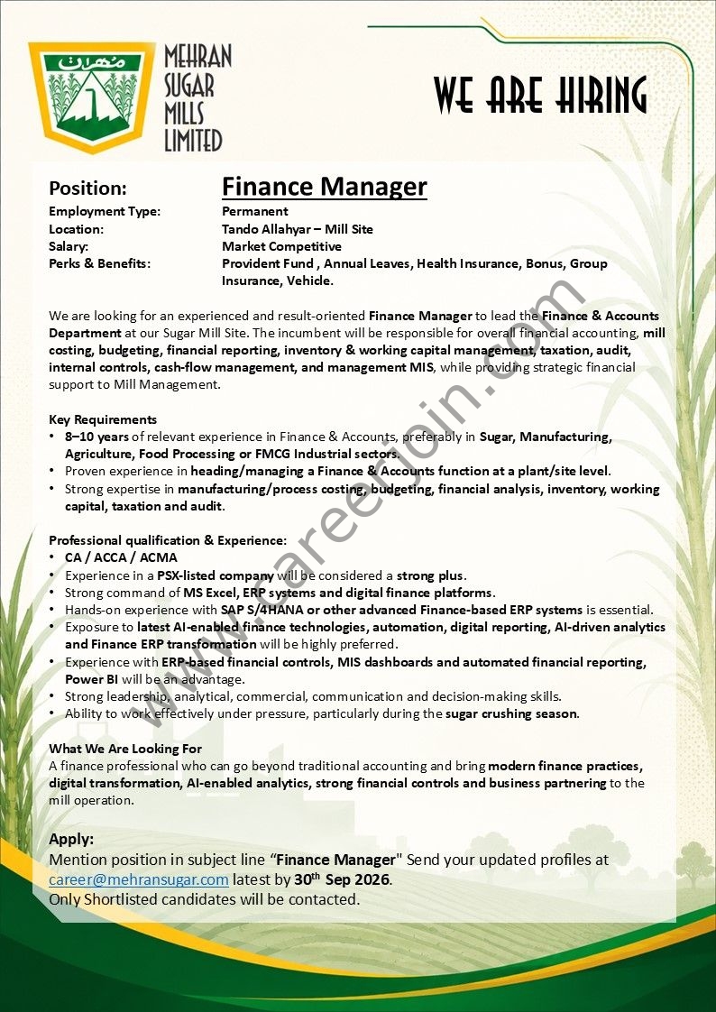 Mehran Sugar Mills Limited Jobs Finance Manager 1