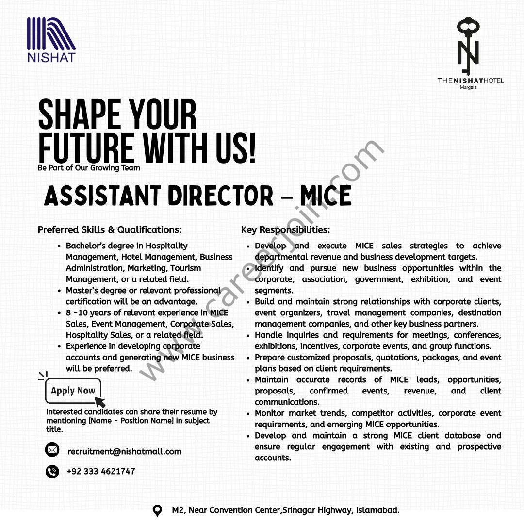 Nishat Hotel Islamabad Jobs Assistant Director MICE 1