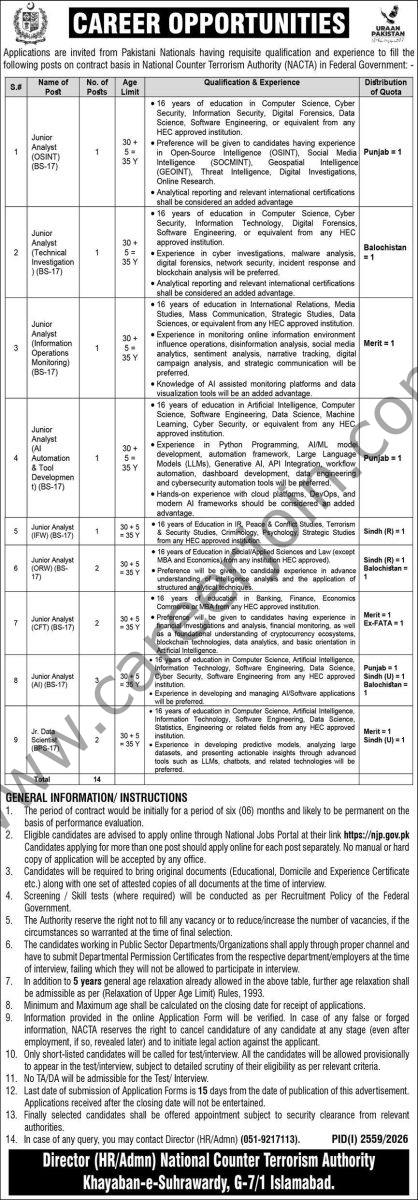 National Counter Terrorism Authority NACTA Jobs 18 September 2026 Express 1
