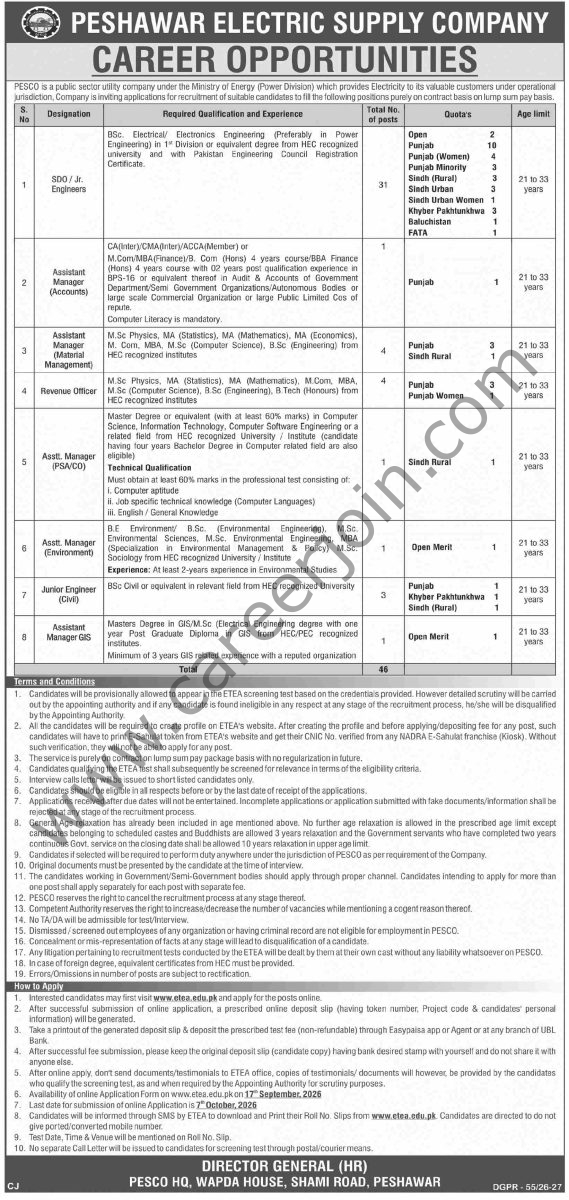 Peshawar Electric Supply Co PESCO Jobs 17 September 2026 Dawn 1