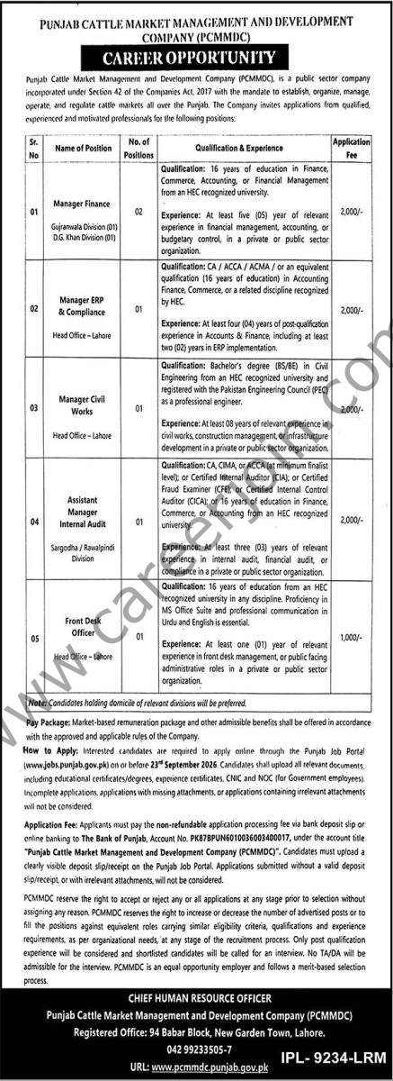 Punjab Cattle Market Management & Development Co PCMMDC Jobs 04 September 2026 Nawaiwaqt 1