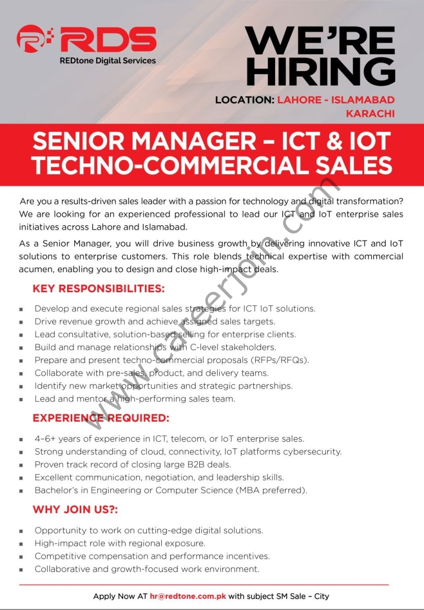 REDtone Digital Services RDS Jobs Senior Manager ICT & IOT Techno-Commercial Sales 1