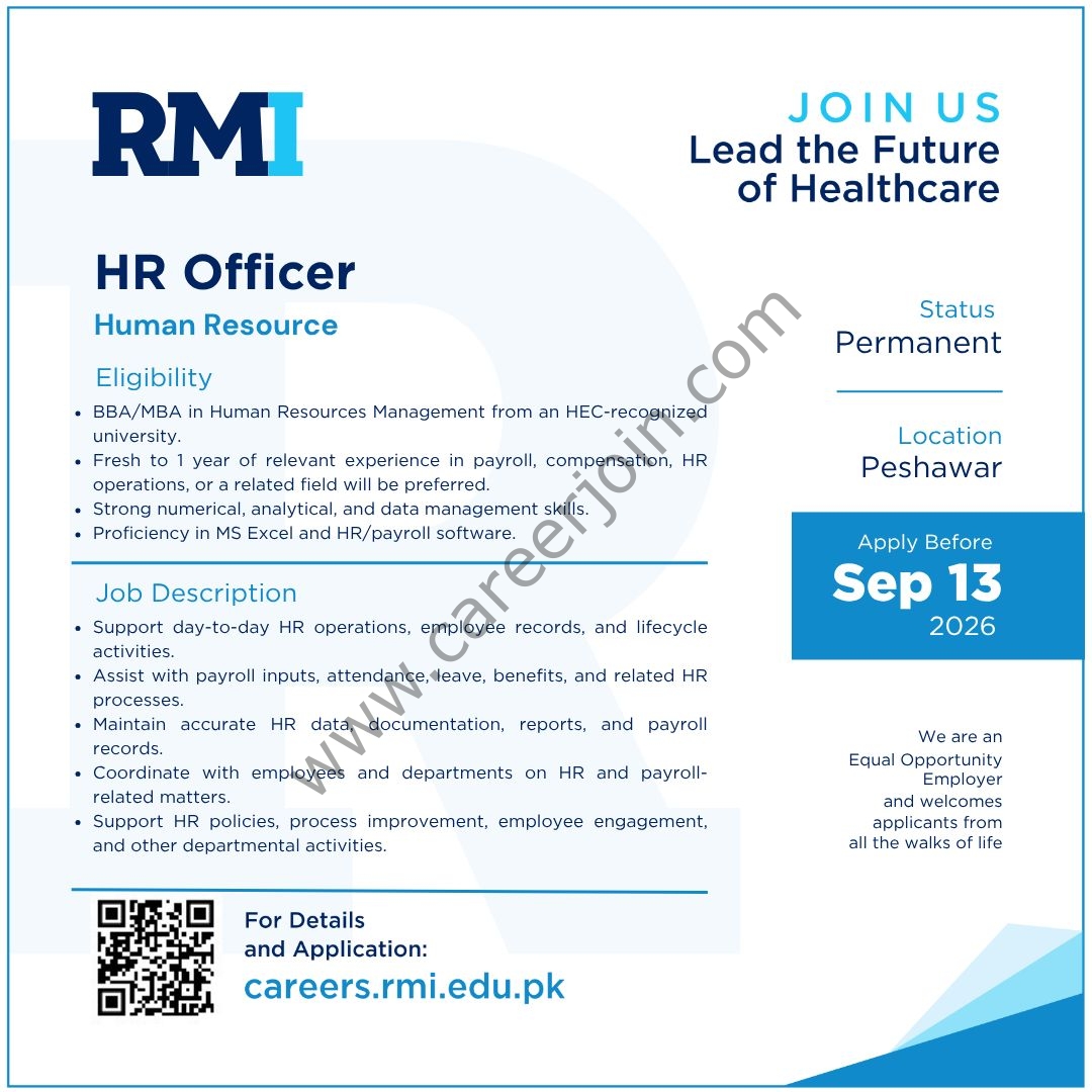 Rehman Medical Institute RMI Jobs HR Officer  1