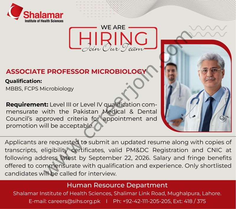 Shalamar Institute of Health Sciences (SIHS) Jobs September 2026 3