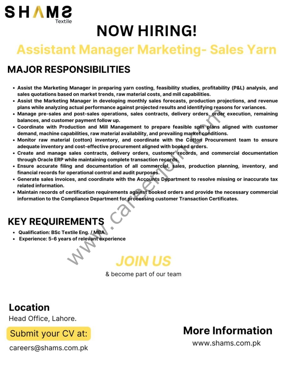 Shams Textile Mills Limited Jobs Assistant Manager Sales 1