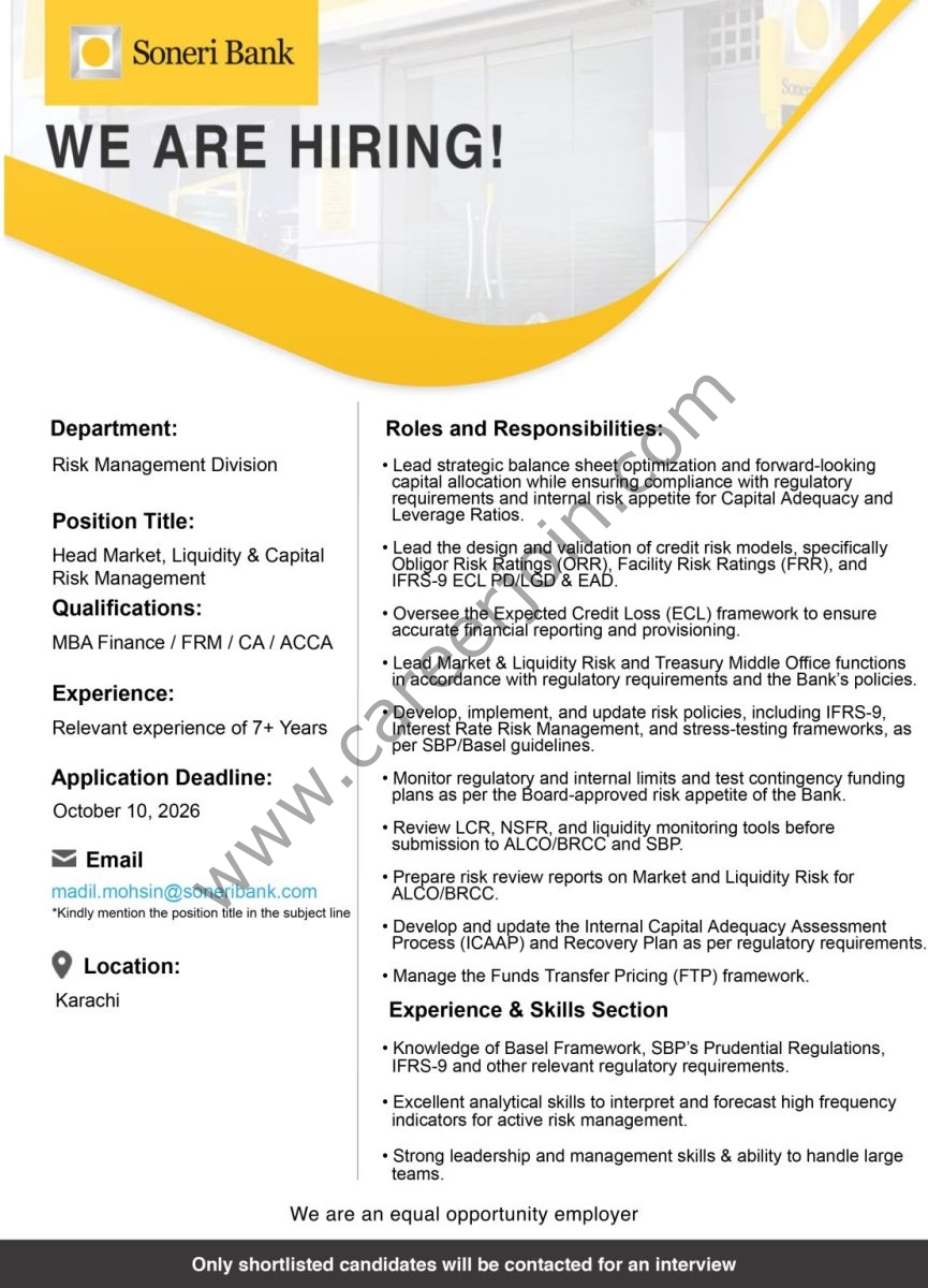 Soneri Bank Limited Jobs Head Market Liquidity & Capital Risk Management  1
