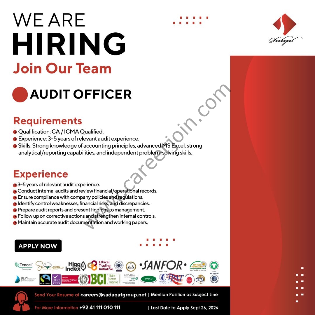 Sadaqat Limited Jobs Audit Officer 1