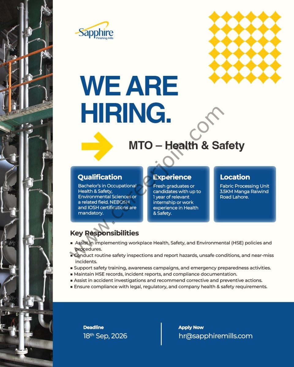 Sapphire Finishing Mills Jobs MTO Health & Safety  1