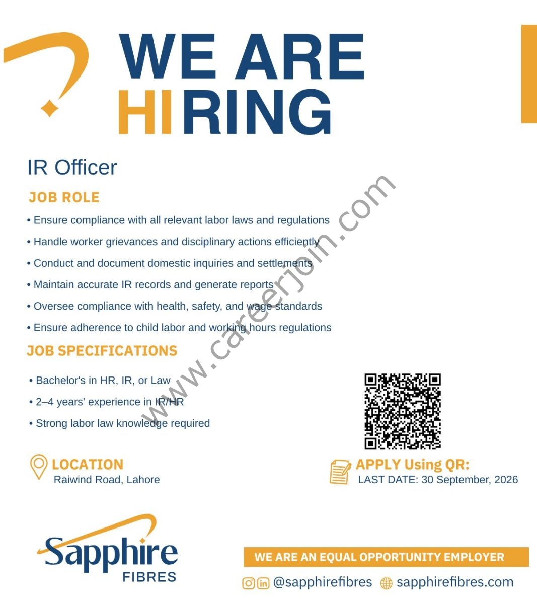 Sapphire Fibres Limited Jobs IR Officer 1